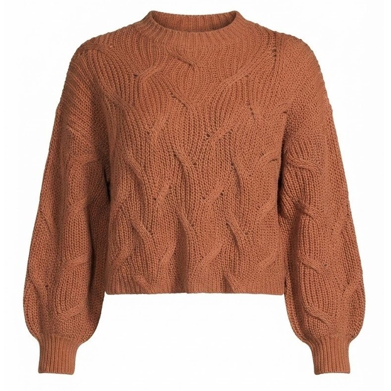 New By Together Brown Cable Knit Cotton Sweater Balloon Sleeve Rust Small Boho